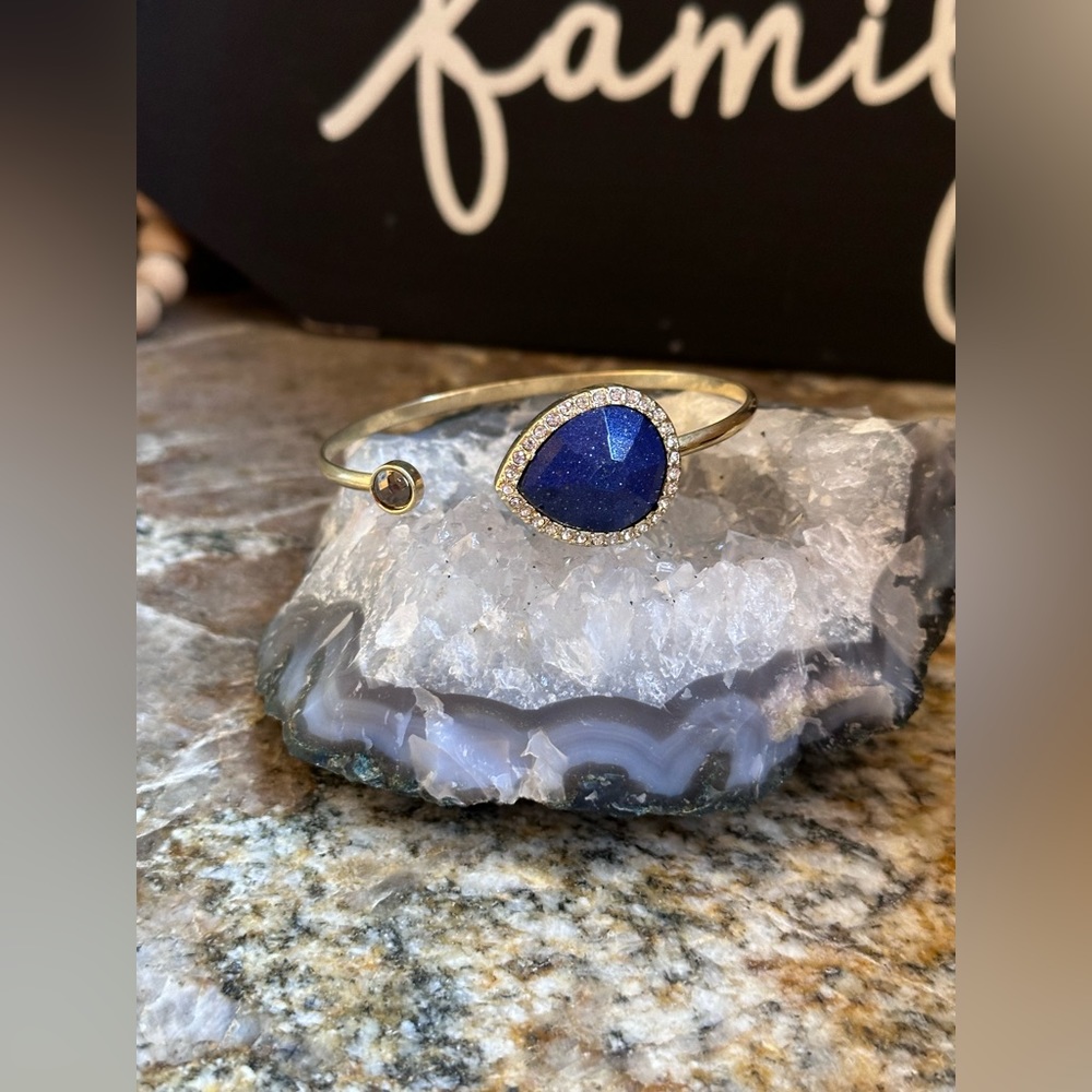 Gold Rhinestone Blue Sandstone Open Cuff Bracelet